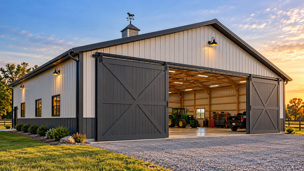 Modern metal pole barn with double sliding doors open to reveal a green tractor, pickup truck, and spacious workshop