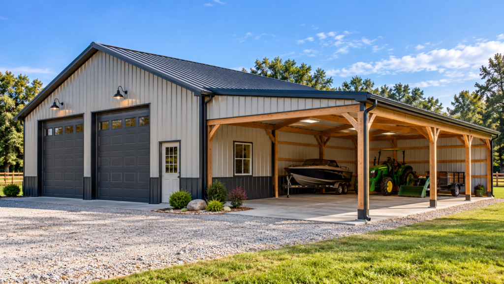 Gray and white pole barn with an attached open-sided lean-to extension providing covered storage for a boat, tractor, and utility trailers.